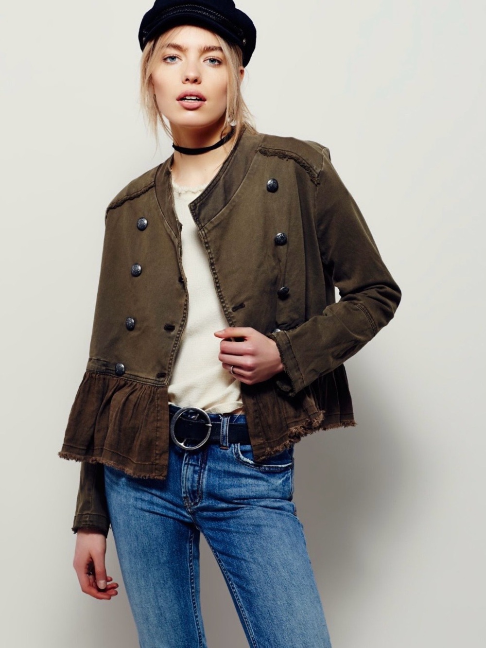 Free People Frayed Hem Military Jacket in Army